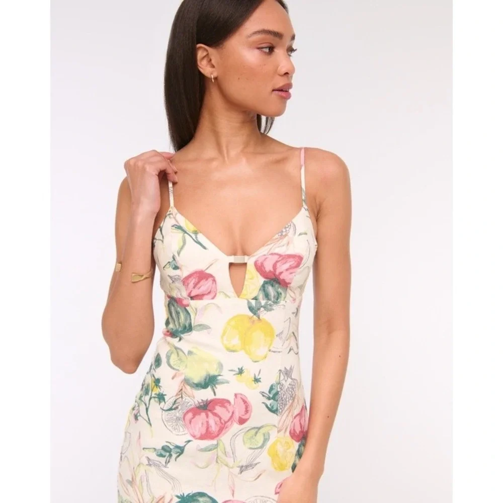 Abercrombie‎ & Fitch Premium Linen Cutout Midi Dress Vegetable Print Cream Med P